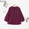 ZANZEA Women Casual V-Neck Solid Color Loose 3/4 Sleeve Blouse