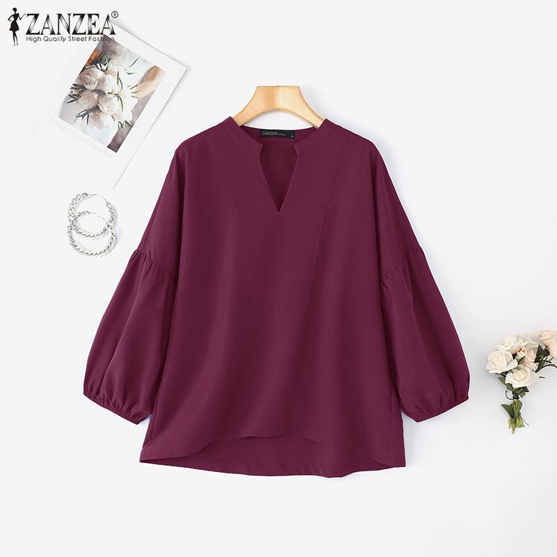 ZANZEA Women Casual V-Neck Solid Color Loose 3/4 Sleeve Blouse