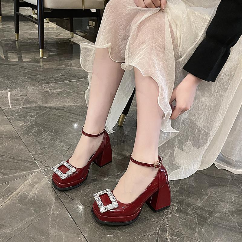 Crystal Buckle Platform Pumps Women Thick Heels Mary Jane Shoes Woman Leather Square Toe High Heels Shoes Laides Chaussure Femme