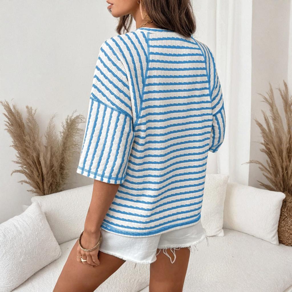 Women's Fashionable, Casual And Versatile Striped Mid-sleeve T-shirt Top