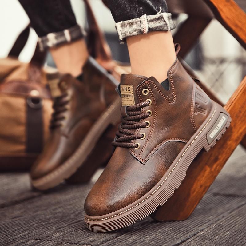 Autumn Men's Casual Short Boots High-top Lace-up Leather Martin Boots Retro