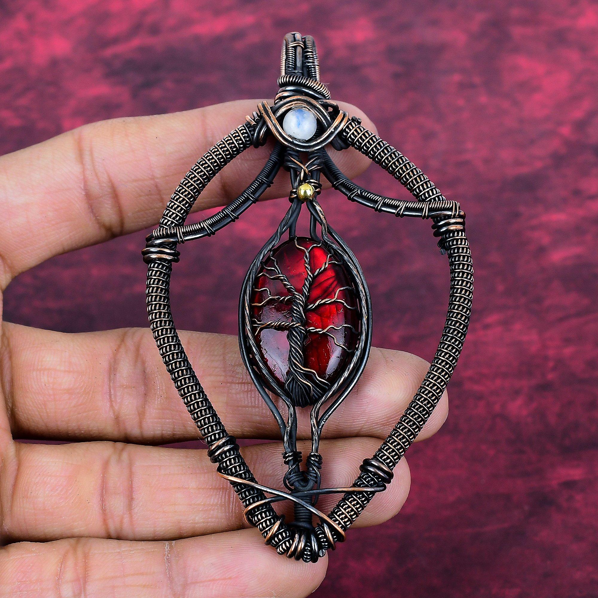 

Tree Of Life Red Fire Labradorite Pendant Copper Wire Wrapped Jewelry Rainbow Moonstone Pendant