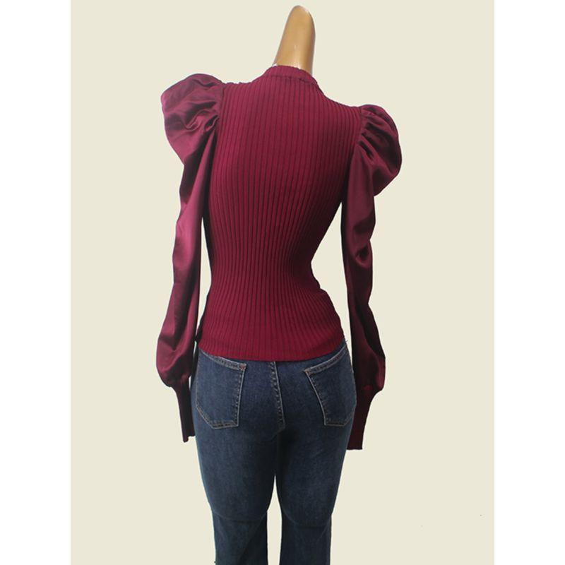 French style Retro Puff sleeve High end Socialite Bottoming Shirt Autumn Thread Slim fit Patchwork Knit