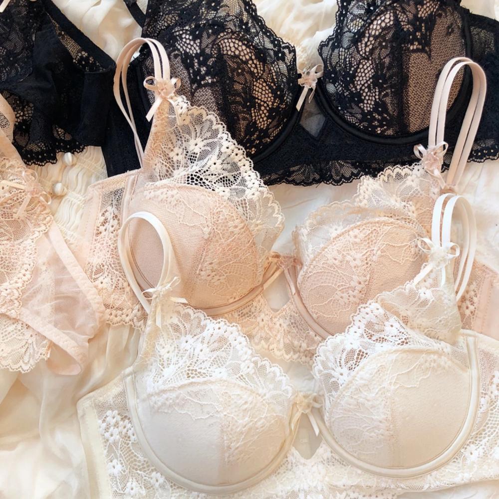 New Women Lingerie Set Sexy Lace Push Up Bra French 3/4 Thin Cup Bralette Cute Bow Decoration Underwear Comfort Bras Briefs Sets