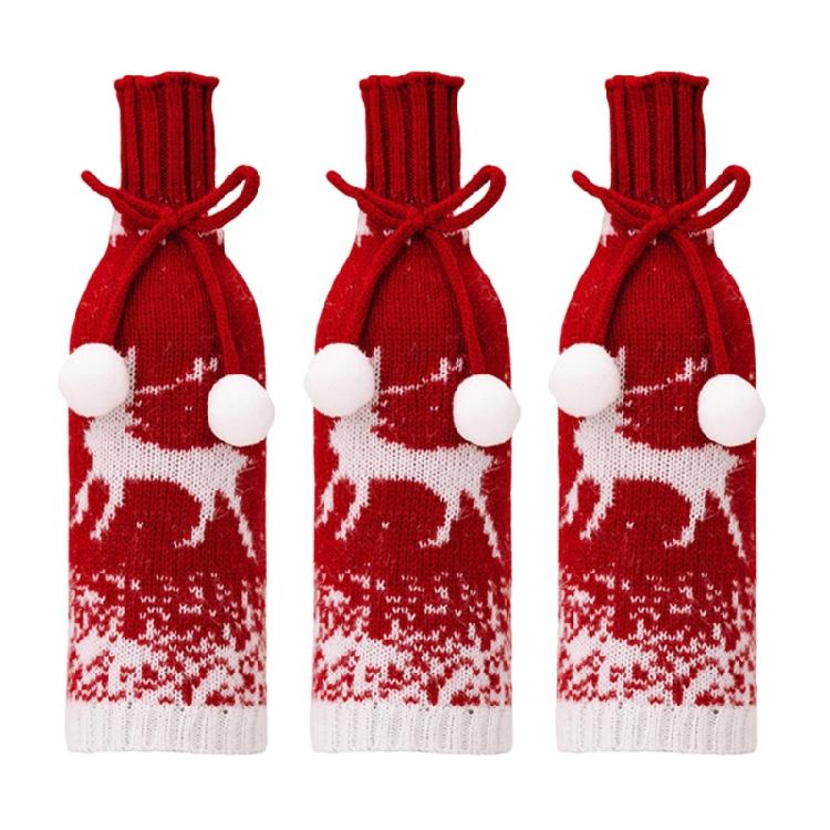 Set of 3 Festival Knitted Wine Bottle Sleeves With Gradual Color Featuring Santa, Snowmans, and Reindeers Wine Bottle Cover