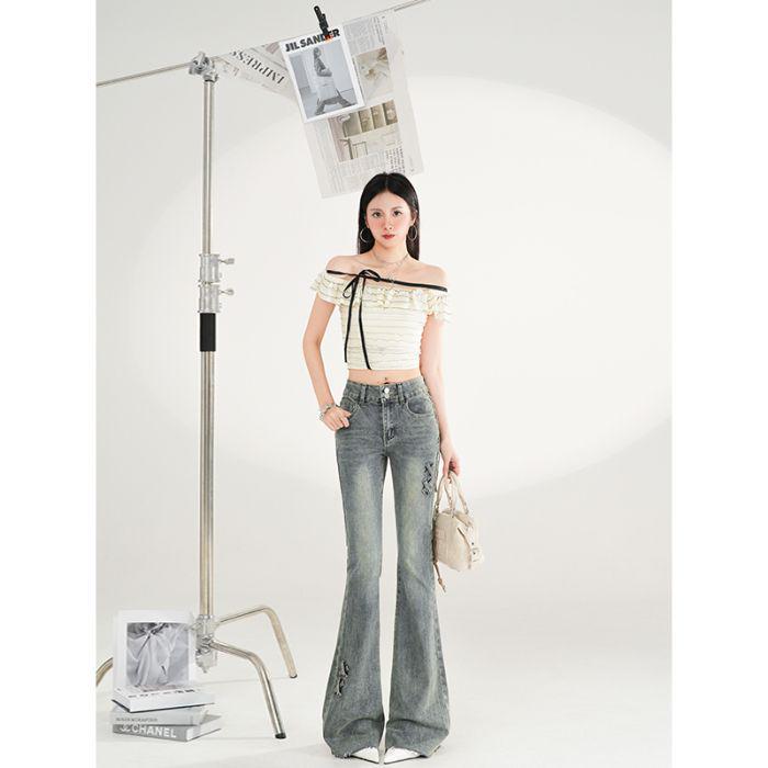 

Women s Retro Bow High-Waist Micro-Flare Stretch Jeans for Summer 2026 Extra Large
