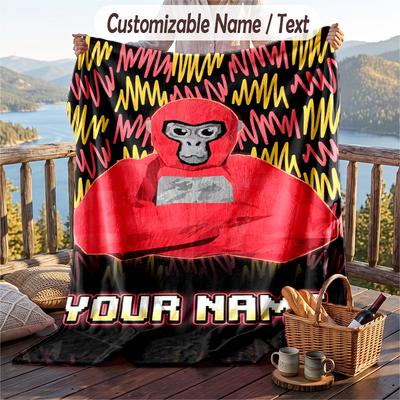 Gorilla Tag Cartoon Flannel Blanket, Personalized Custom Name Text, Soft Warm Plush Throw Blanket For Gift