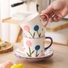 Creative Hand-Painted Tulip Ceramic Cup And Saucer Set Cute Office Mug Coffee Cup Water Cup Afternoon Tea Cup