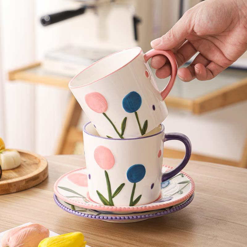 Creative Hand-Painted Tulip Ceramic Cup And Saucer Set Cute Office Mug Coffee Cup Water Cup Afternoon Tea Cup