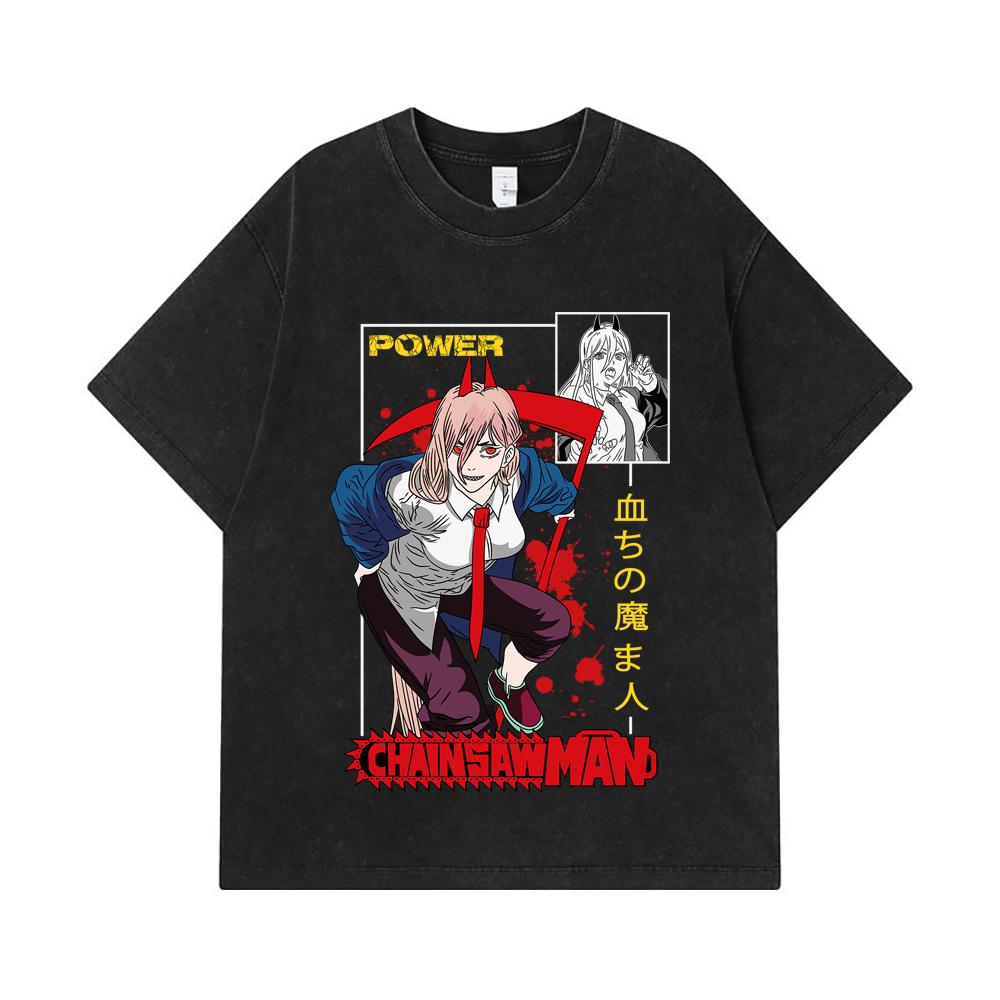 275 GSM Washed T-shirts 100% Cotton Chainsaw Man V40 Power Print Unisex Heavy Cotton T Shirt