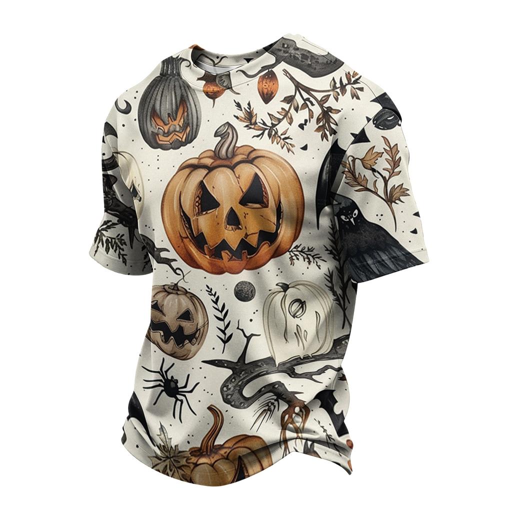 Men's Lightweight Crew Neck Quick Dry Mesh Breathable Short Sleeve Shirt with Halloween Pumpkin Print for Casual Wear