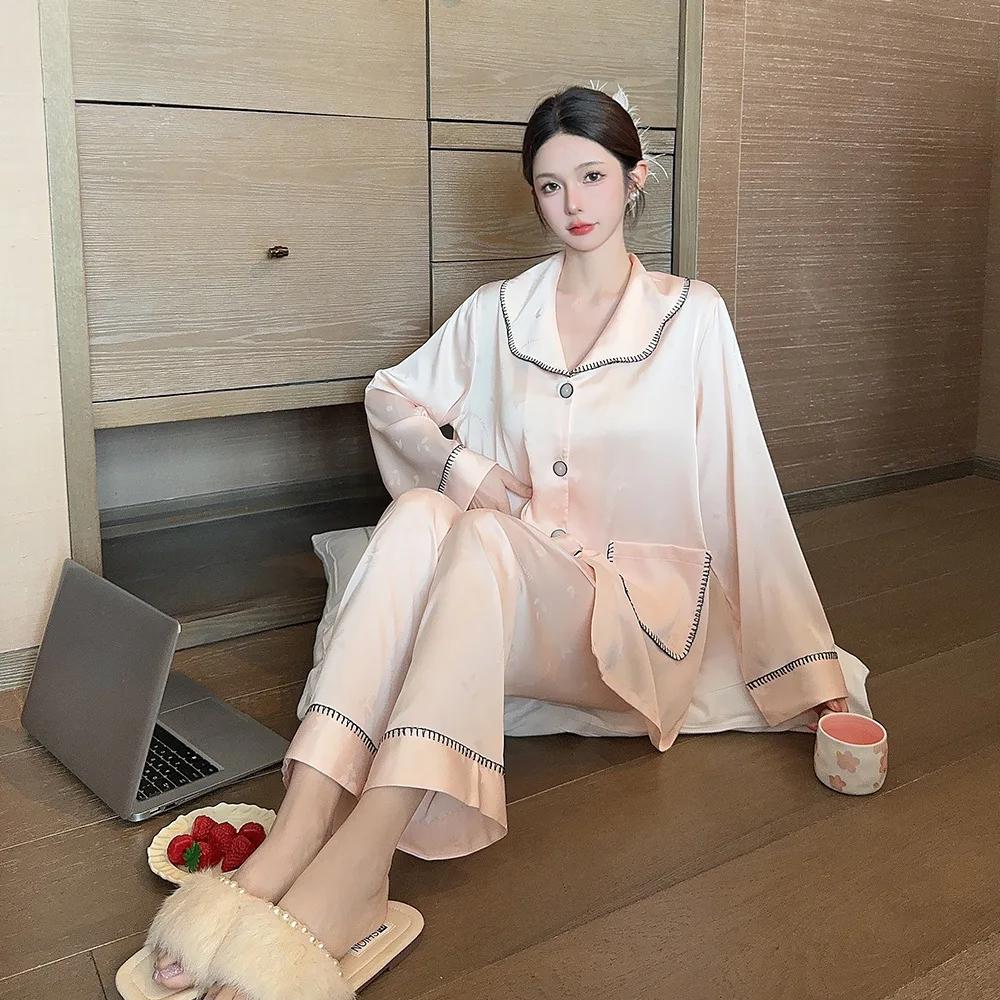 

Новые пижамы, домашняя одежда, осенние новые пижамы для женщин, домашняя одежда с воротником из жаккарда Ice Silk Doll XL розовый