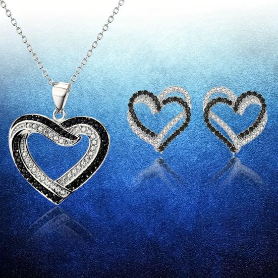 Set Bijuterii Inimi Suprapuse Inimi cu Strasuri Negre Albe Colier și Cercei Pandantiv Inimă Dublă Bijuterii pentru Petreceri Nunti Celebrații