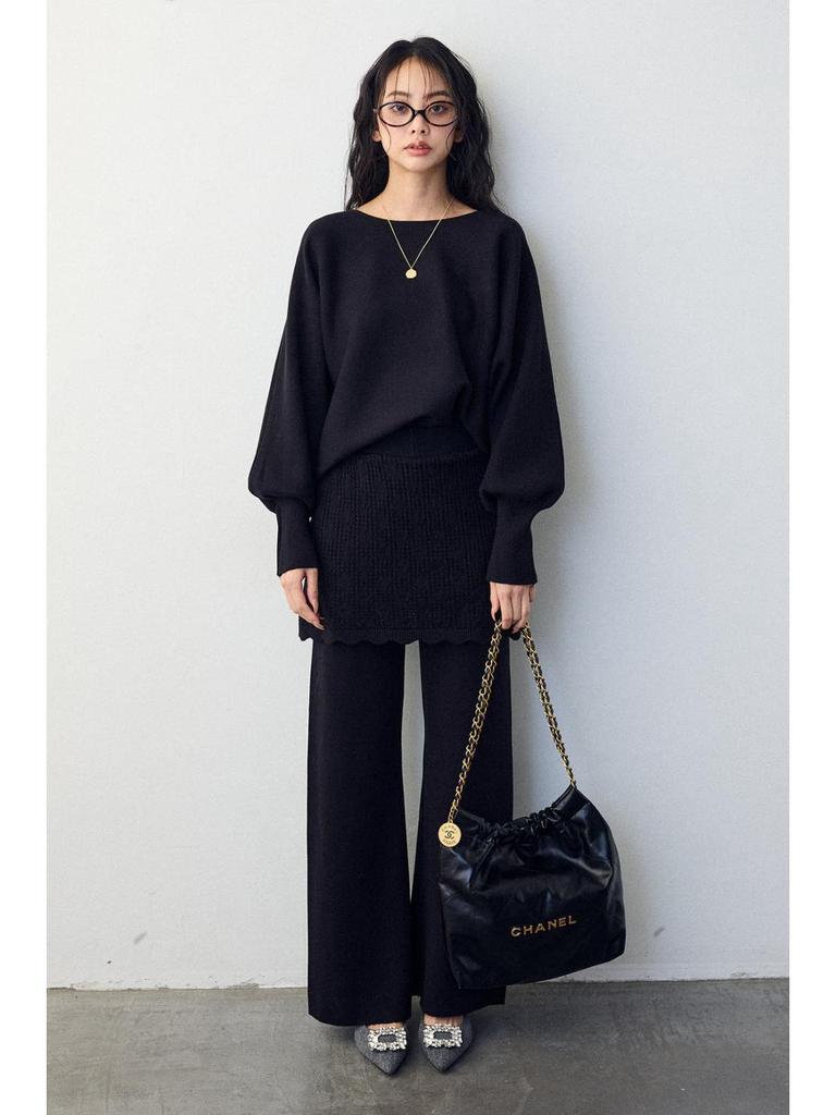 Relaxed Batwing Sleeve Top & Crochet Long Pants Knit Set