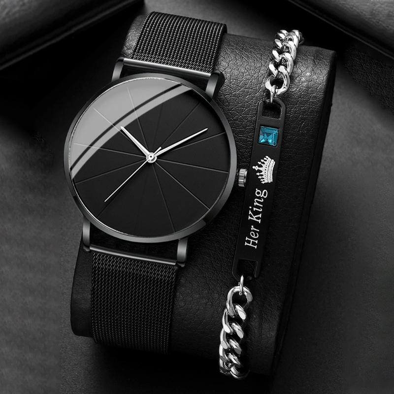 

2 шт./набор, Модные мужские простые круглые кварцевые часы и браслет «Ее король», Мужской подарок