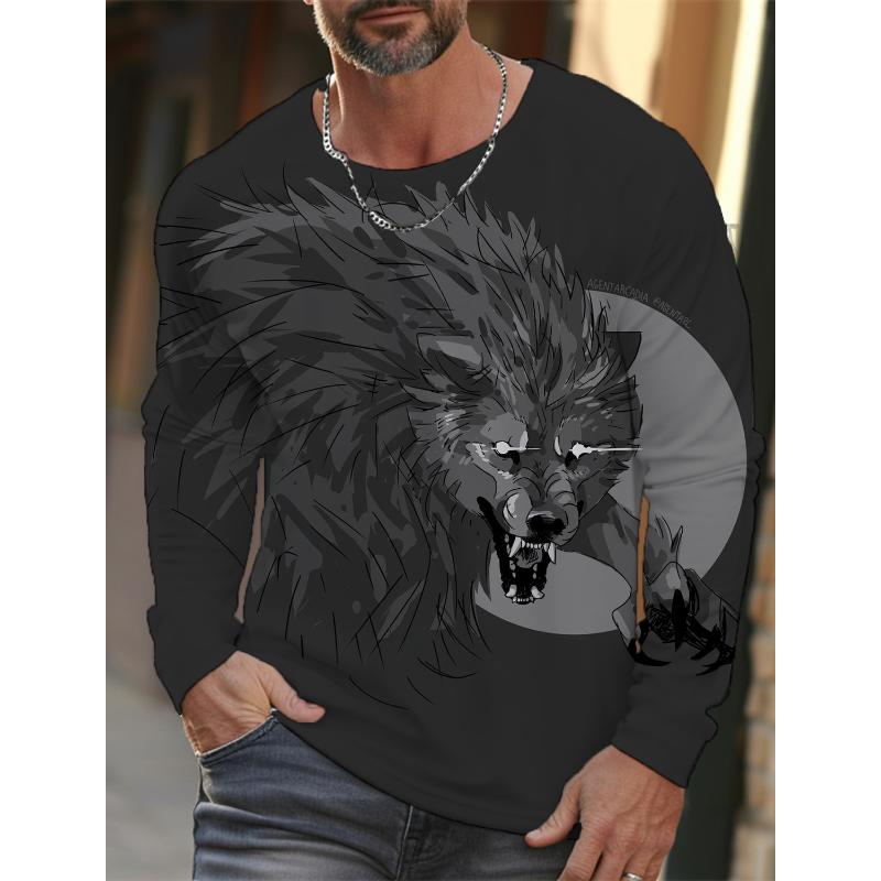 2024 Neues Langarm-T-Shirt für Herren mit 3D-Druck und hochauflösendem Wolf-Tierdruck für Herren im Herbst, lässiges T-Shirt mit Rundhalsausschnitt