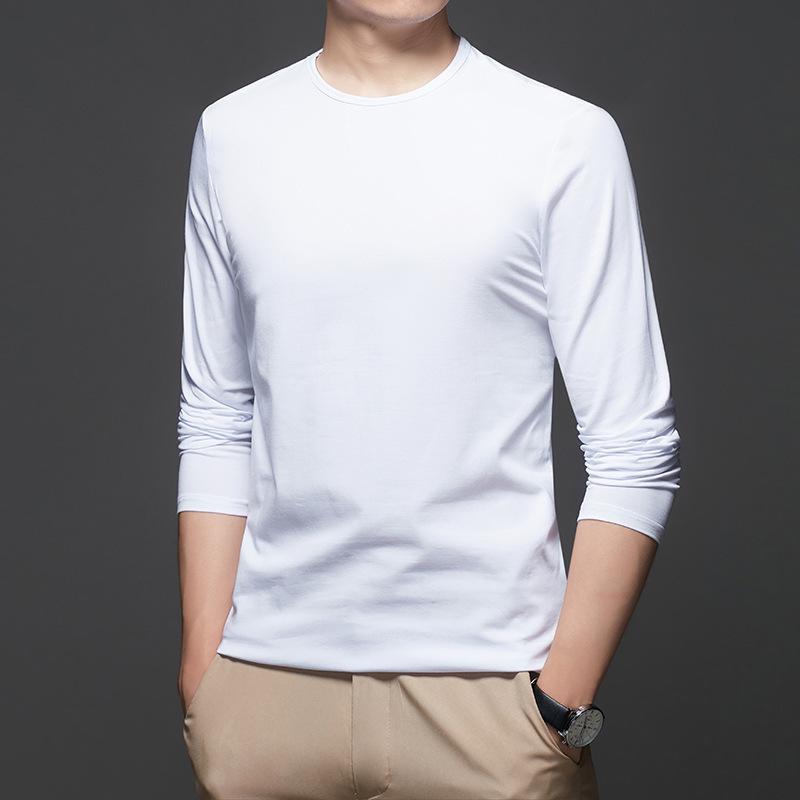 "2024 Men's White Cotton Long-Sleeve Crew Neck T-Shirt - Casual Spring & Autumn Top"