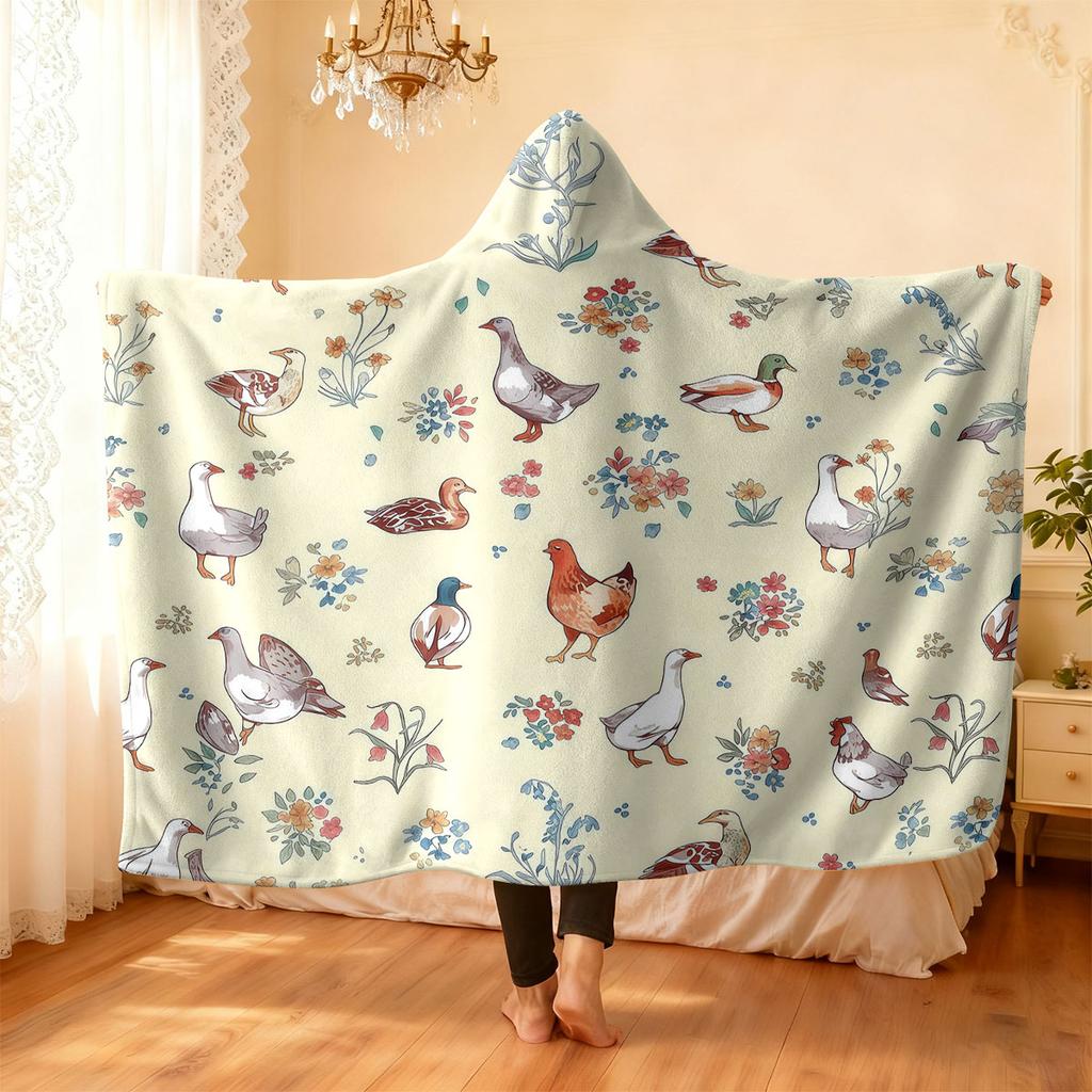 1pc pastoral duck and rooster floral pattern flannel hoodie wearable cape blanket multiple sizes washed