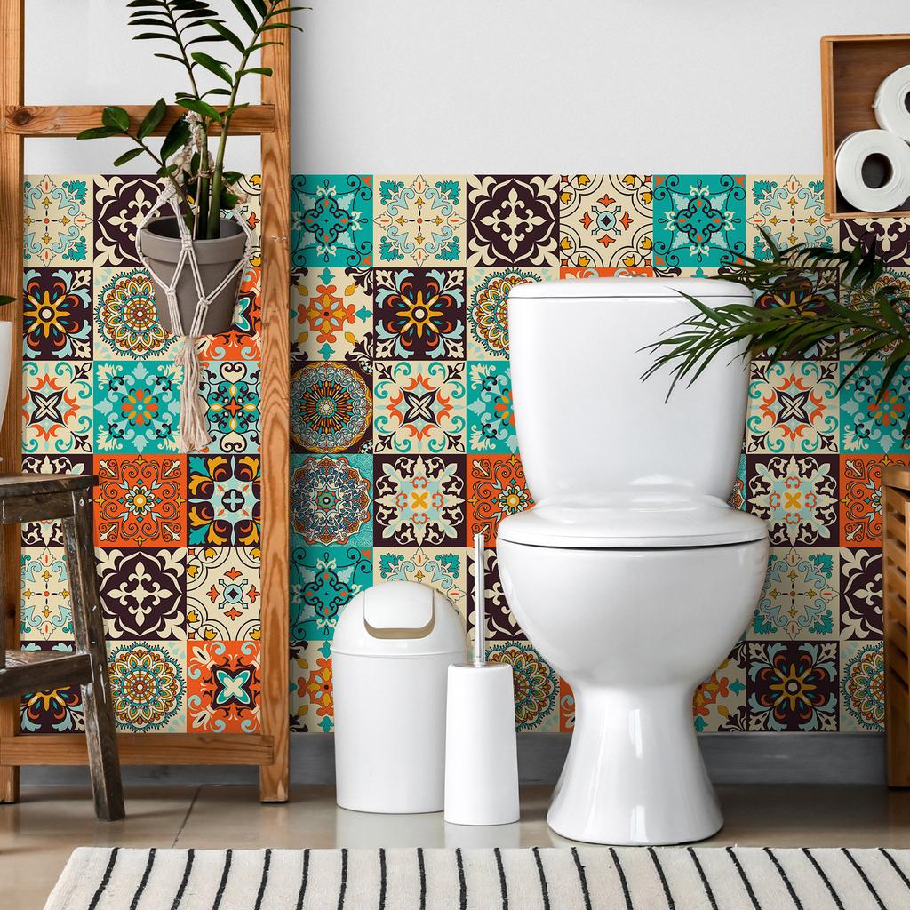 10Pcs Retro Mandala Tile Stickers  Waterproof PVC Decals - Blue & White Moroccan Floral Wall Floor Mural for Kitchen Bathroom DIY