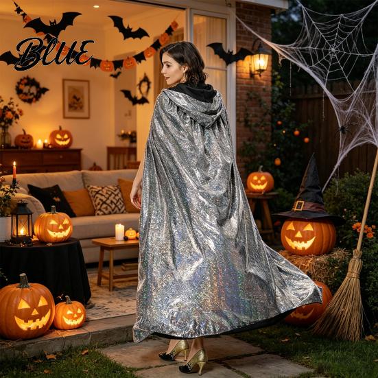 Multi-color Costume Cape Shiny Hooded Cape Iridescent Full Length Cloak Sparkly Unisex Elegant Flowing Cloak for Halloween Masquerade Party