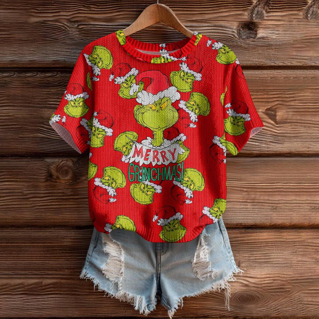 Women's Cute Sweater Knitted Fashion Casual Round-neck Short-sleeved  Cozy Print Top