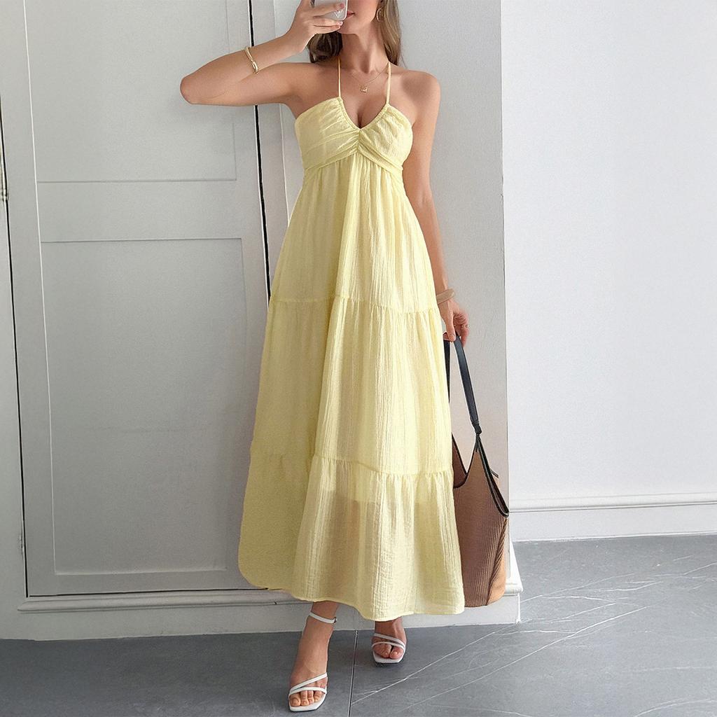 Elegant Vacation-style, Halter-neck, Seaside Atmosphere, Long Dress, Women's Dress, Spring and Summer