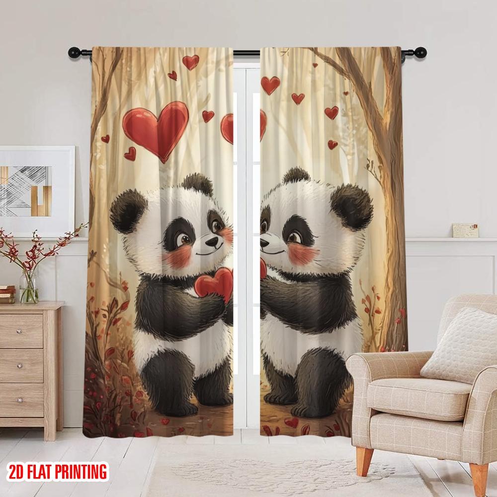 2pcs,2D plane printing Curtains Panda Love Duo Durable Polyester (without rod) Holiday Perfect for Living Room & Office Decor