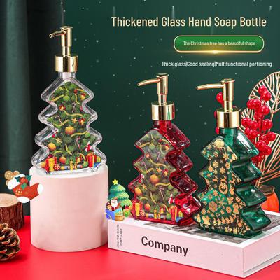 Dispensador de Sabão de Vidro Exclusivo Árvore de Natal – Recarregável, Tipo Pressão para Sabonete Líquido e Gel de Banho