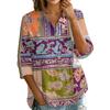 Women's Button Front Patchwork Floral Print Shirt Three Quarter Sleeve Loose Fit Blouse with Collar and V Neckline