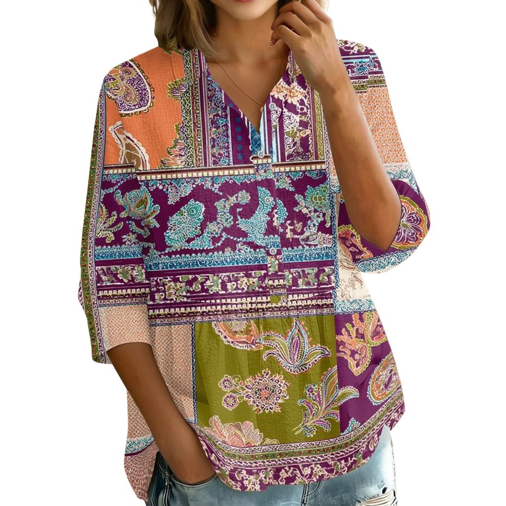 Women's Button Front Patchwork Floral Print Shirt Three Quarter Sleeve Loose Fit Blouse with Collar and V Neckline