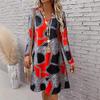 Women's Fashion Spring Fall Colour Block Print Long Sleeve V-Neck Loose Waistline Casual Dresses