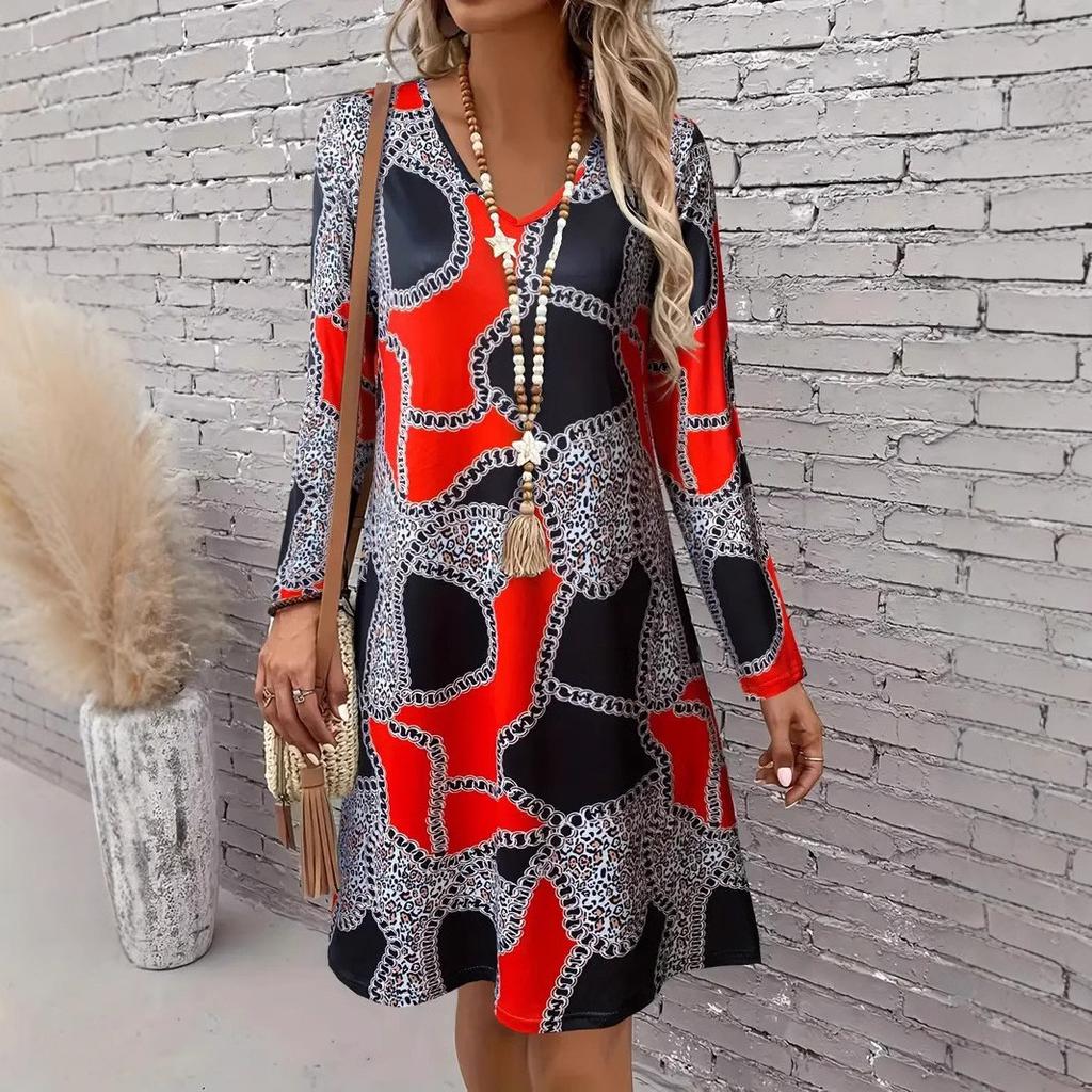Women's Fashion Spring Fall Colour Block Print Long Sleeve V-Neck Loose Waistline Casual Dresses