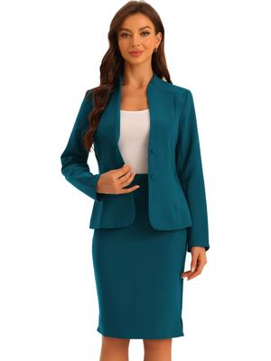 Allegra K Women's Collarless Blazer and Formal Pencil Skirt Suit Set, Lake Blue, Size M