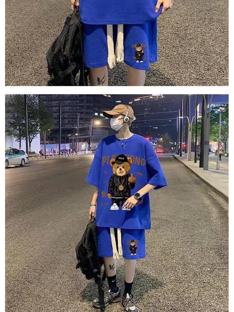 Hong Kong Style Men's Cartoon Short-Sleeve & Shorts Sports Casual Set