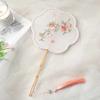 Handmade Embroidery Ancient Style Long Handle Fan Classical Pearl Tassel Flower Shape Fan Vintage Elegant Dancing Fan Travel