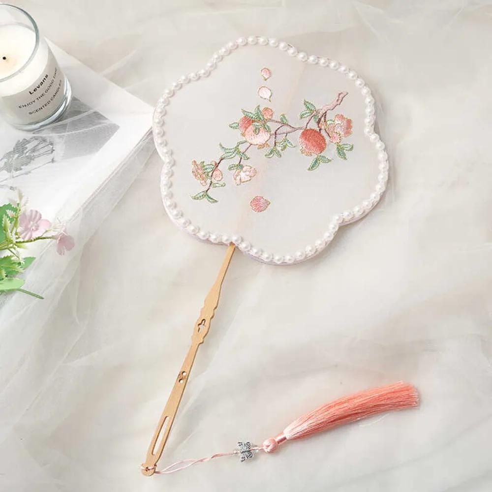 Handmade Embroidery Ancient Style Long Handle Fan Classical Pearl Tassel Flower Shape Fan Vintage Elegant Dancing Fan Travel