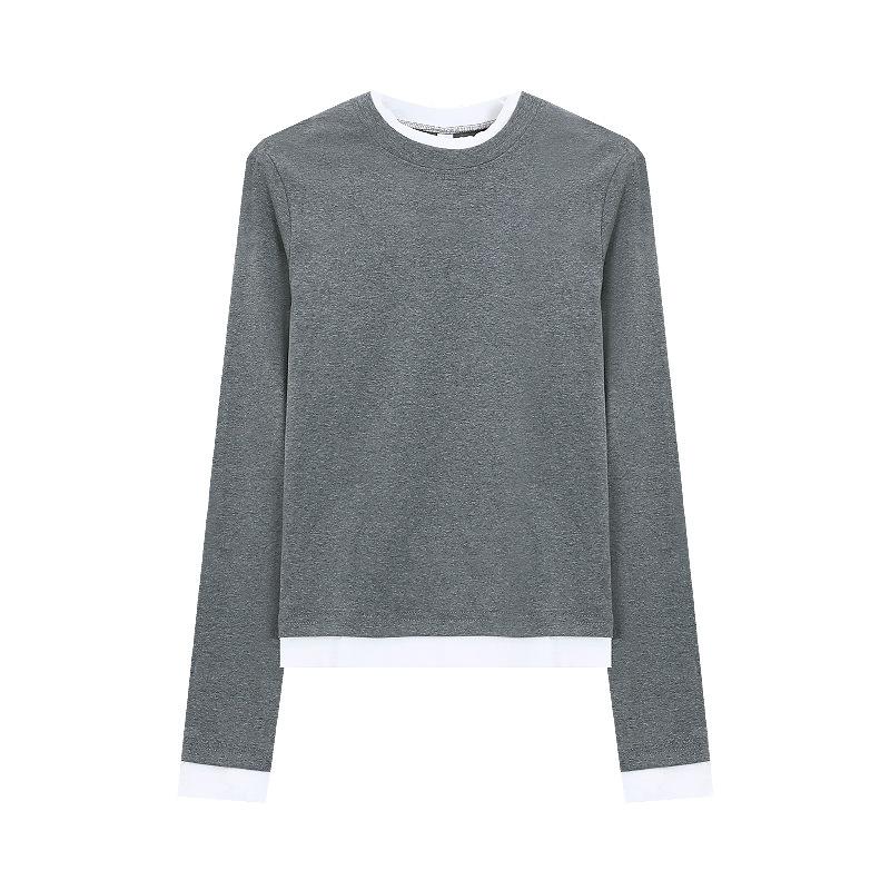 

Дизайнерские футболки с длинным рукавом и эффектом двойки, облегающего кроя, для женщин, осенний универсальный пуловер с круглым вырезом S