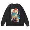 Dark Washed Vintage Anime Print Streetwear Hoodie Men - Retro Black Cotton Crewneck Sweatshirt Fall Casual Wear