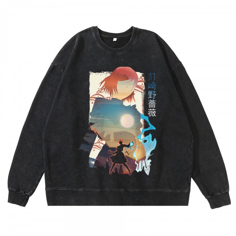 Dark Washed Vintage Anime Print Streetwear Hoodie Men - Retro Black Cotton Crewneck Sweatshirt Fall Casual Wear