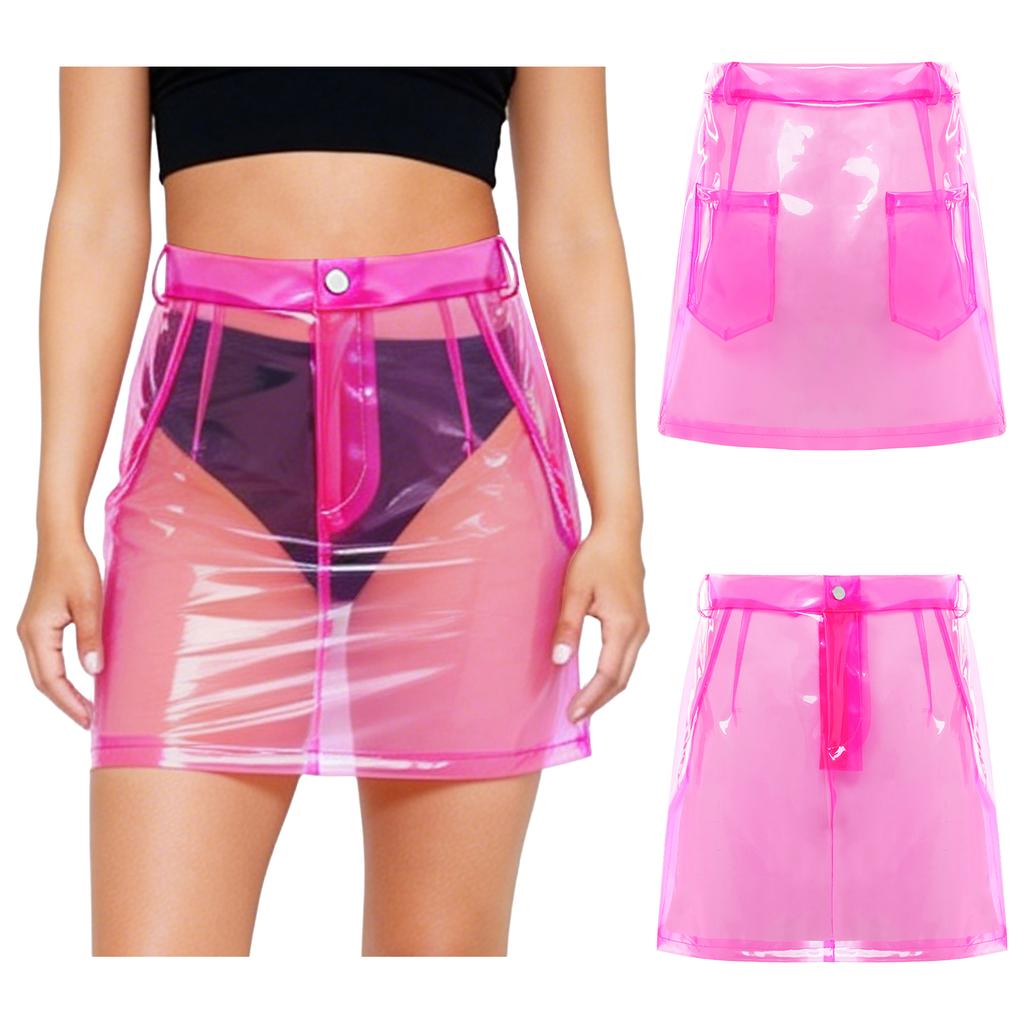 S-XXL Women Clear PVC High Waist Bodycon Mini Skirt with Side Pockets Transparent Cover Up for Swimsuit Beach Clubwear