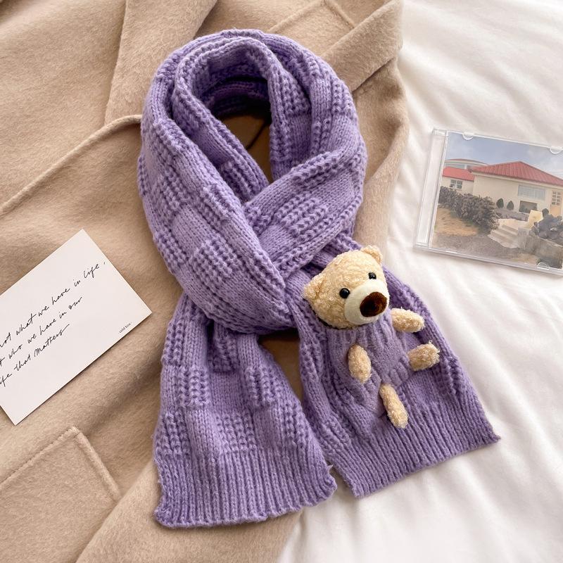 Knitted thick wool bear scarf female student winter pure green children's short scarf thickened to keep warm cute girl
