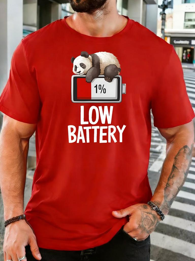 Unisexs Crew Neck Tshirt Low Battery Tired Panda Power Cell Print Short Sleeve Tee For Funny Panda Fans Daily Relax Casual Outfit