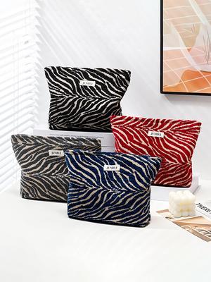 Zebra Print Large Capacity Women's Makeup Bag - Portable Travel Organizer with Chenille Short Plush