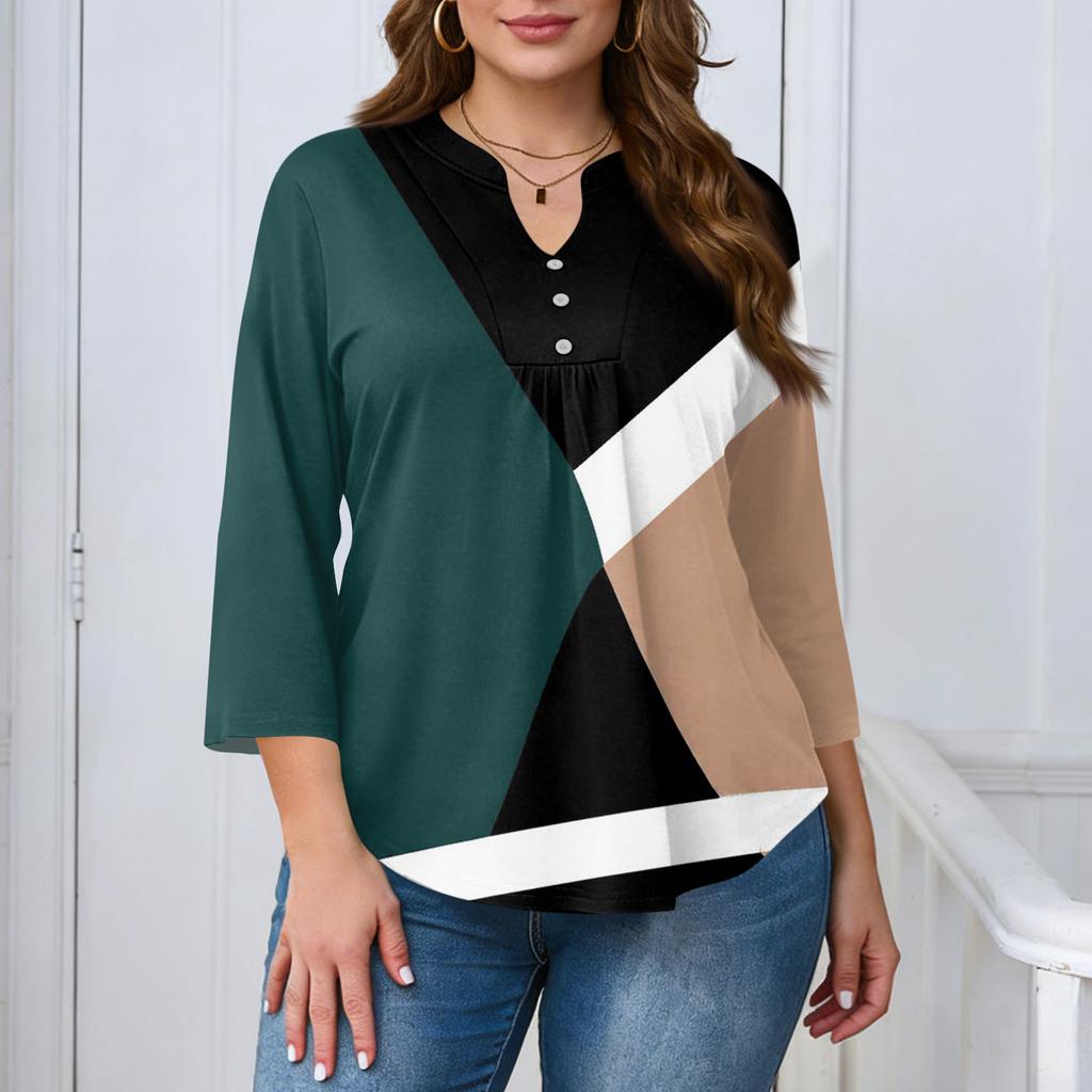 Women's Plus Size Fashionable Casual Loose Fit Three Quarter Sleeve Elegant Button Up V Neck Top
