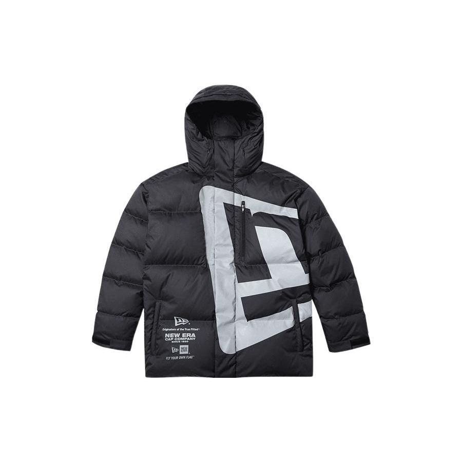 New Era Oversized Logo Print Hooded Loose Zipper Down Jacket Unisex Outerwear Black 12877422