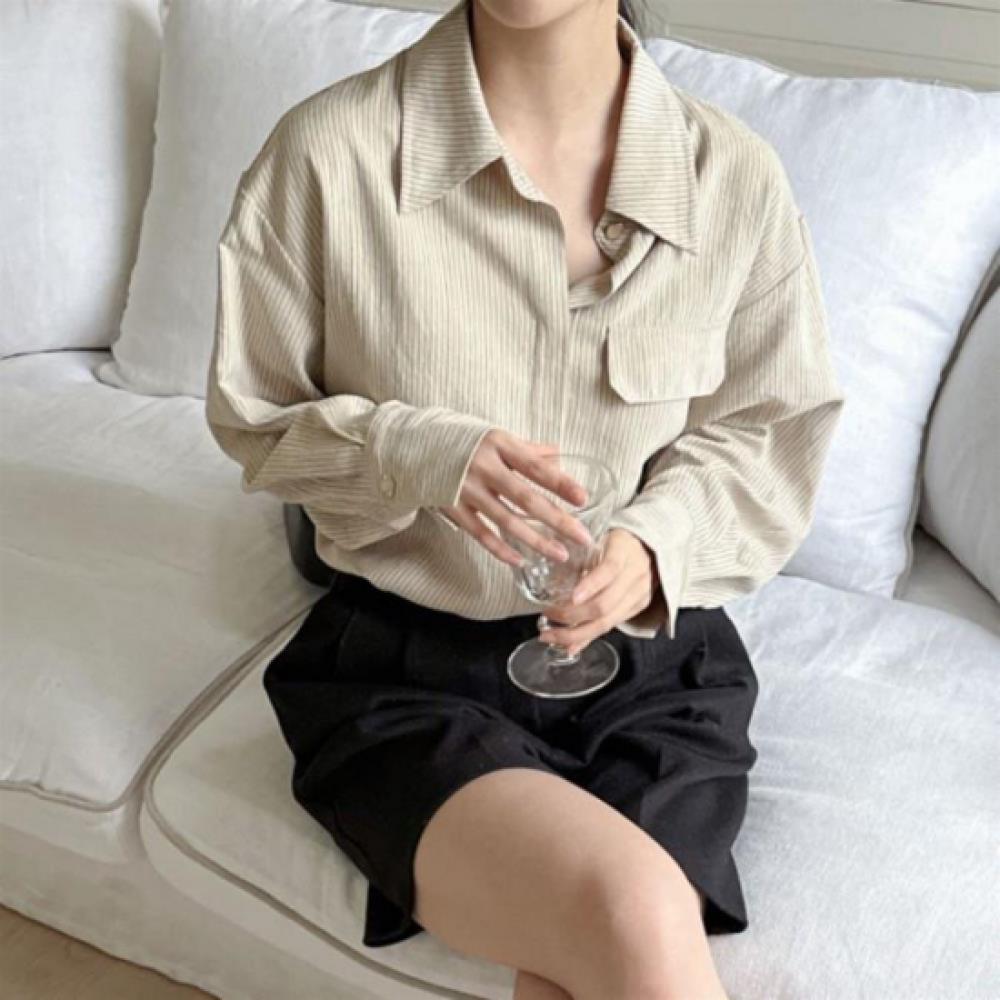 New Arrivals Open Run Women Rayon Stripe Loose Fit One Pocket Shirt Blouse