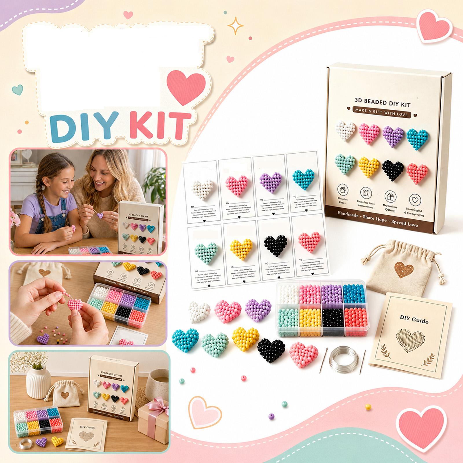 3D Pocket Hug Beaded DIY Kit Includes Multiple Heart-Shaped Beaded Charms with Crafting Tools and Guide for Handmade Jewelry and Accessories One Size