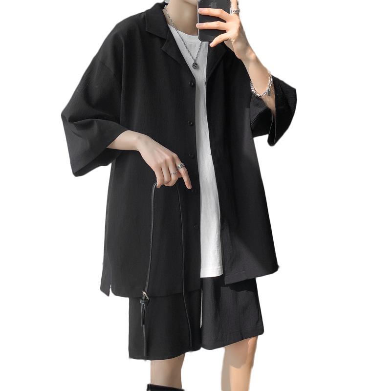 Men's Hong Kong Style Casual Short Sleeve Shirt & Loose Sports Shorts Two-Piece Set