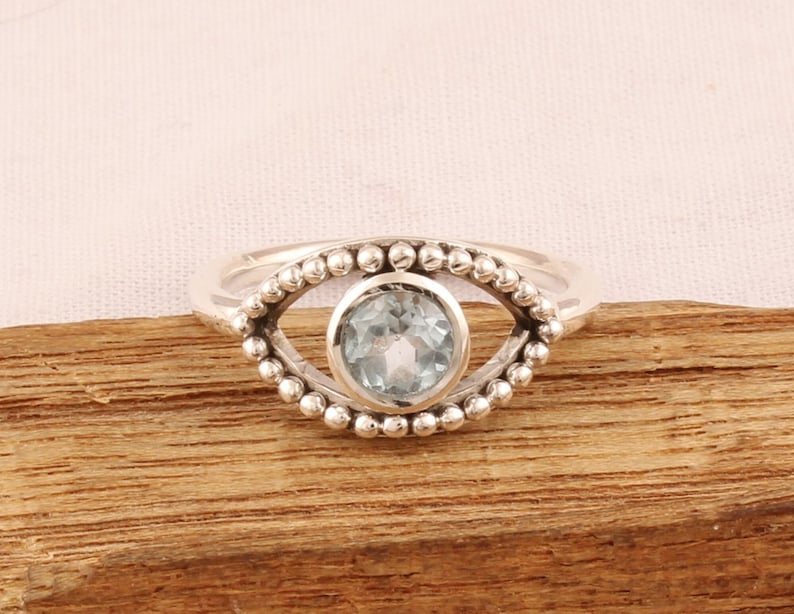 Solid 925 Sterling Silver Blue Topaz Gemstone Boho Designer Evil Eye Birthstone Gift Wedding Ring Jewelry