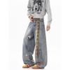 JYL Unisex Straight Jeans New Ripped Bear Embroidered Loose Wide-Leg Casual Denim